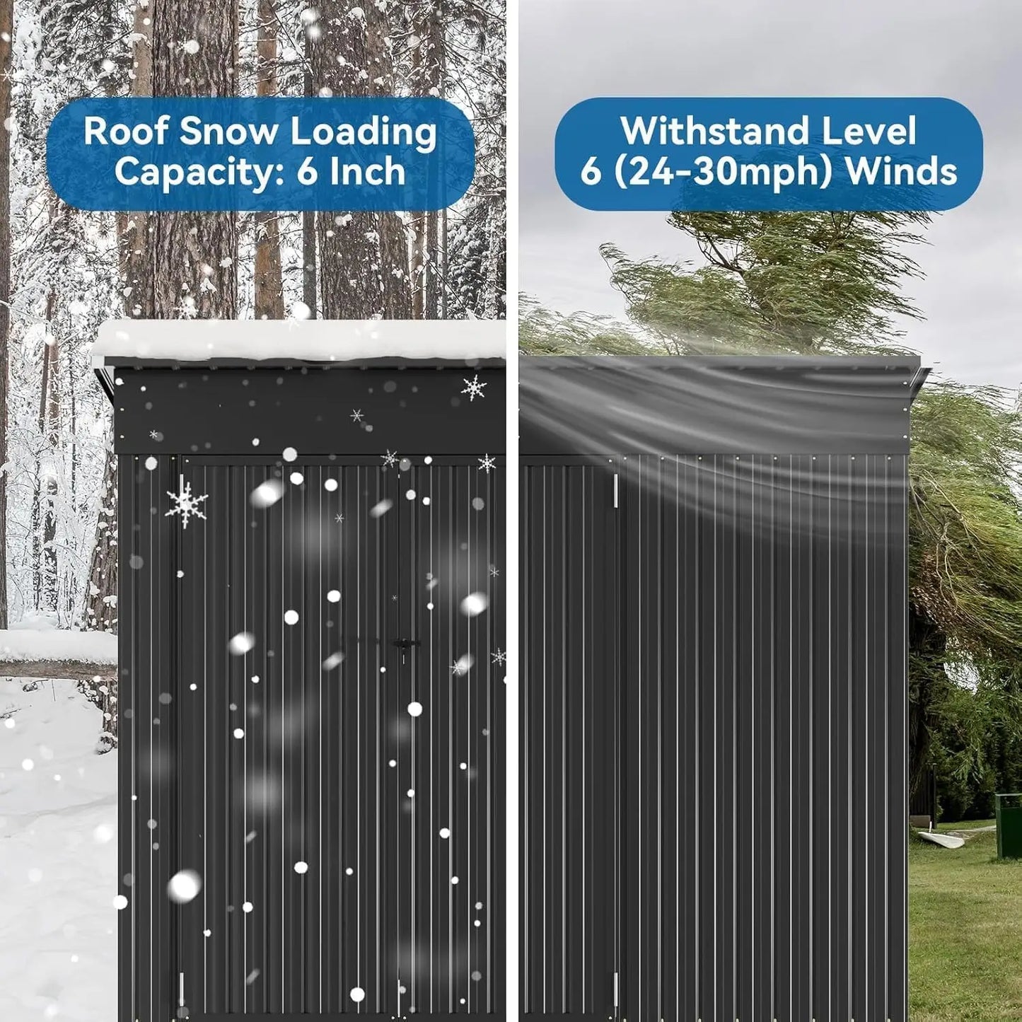 8x4 Triple Door Storage Shed - Weatherproof Black Galvanized Steel