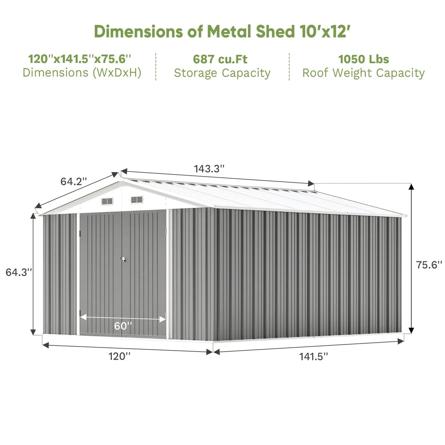 10x12 Extra Large Storage Shed - Weatherproof Steel Yard Storage
