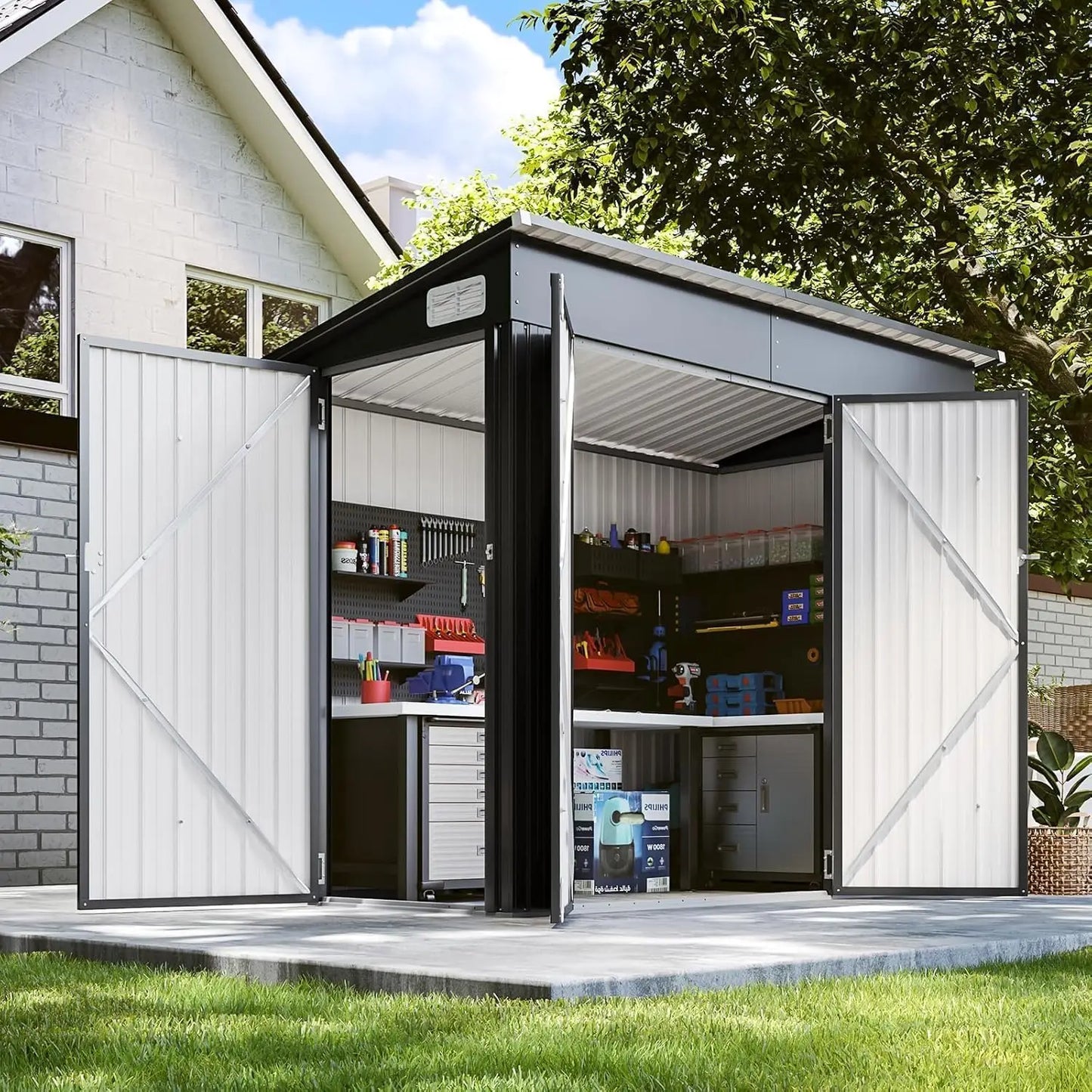 8x4 Triple Door Storage Shed - Weatherproof Black Galvanized Steel