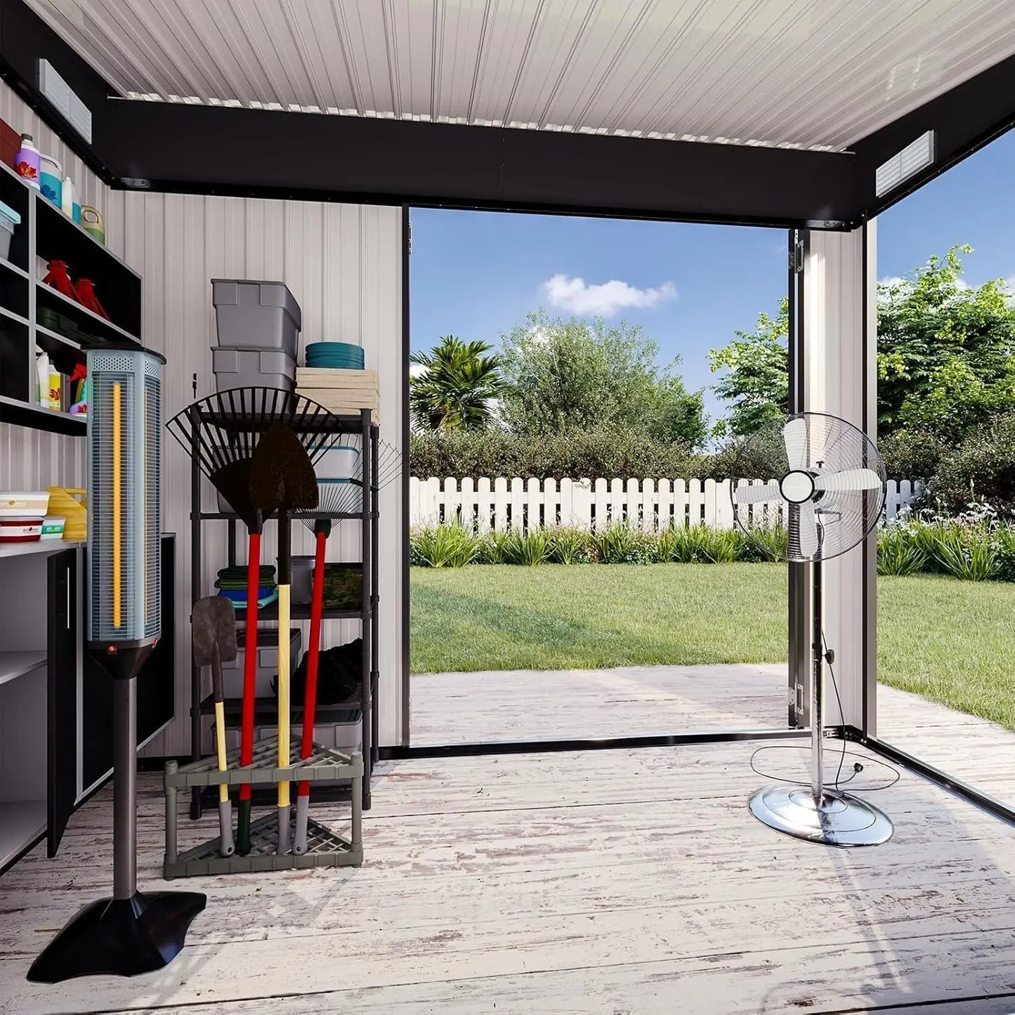 8x4 Triple Door Storage Shed - Weatherproof Black Galvanized Steel