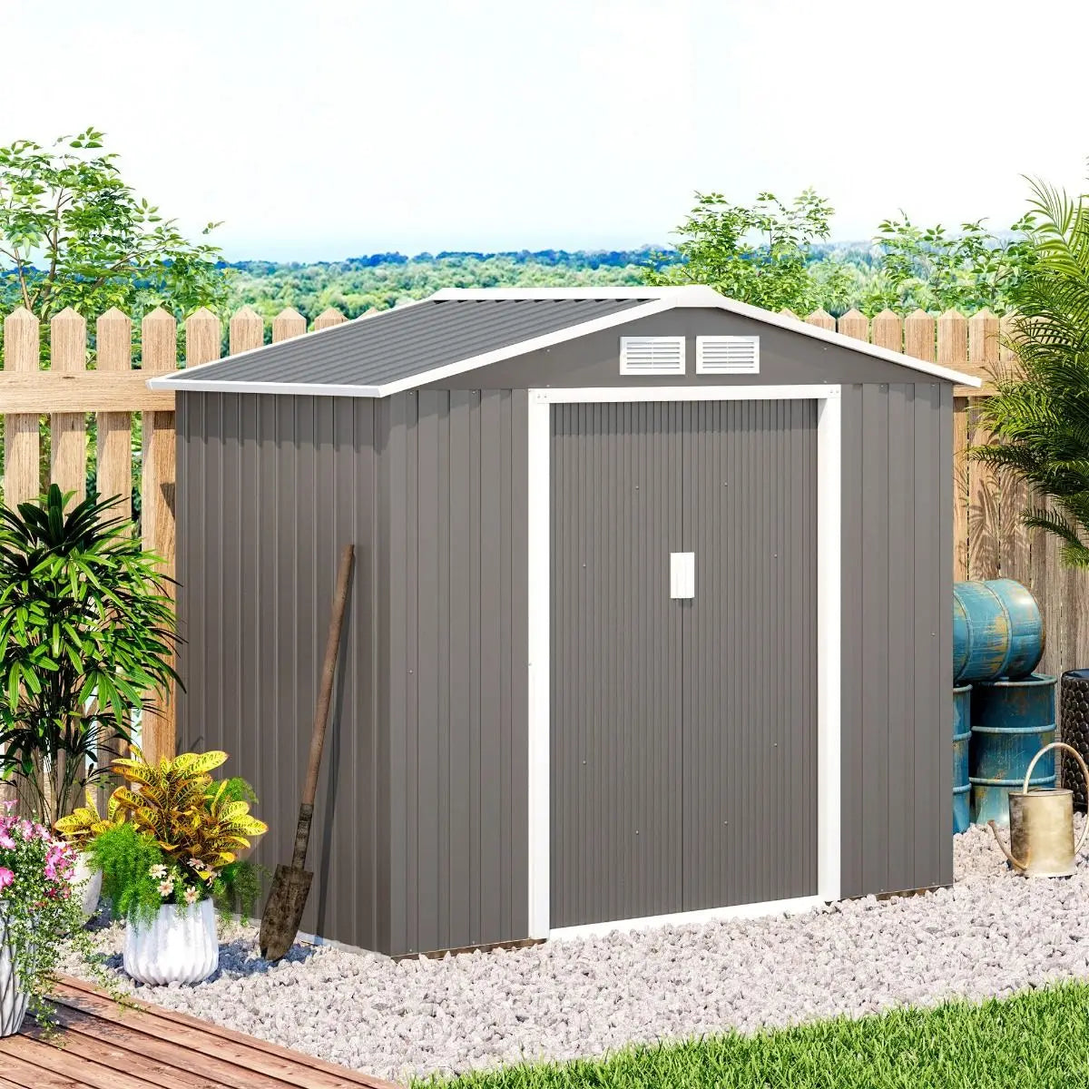 7x4 Storage Shed Gray White - Medium Weatherproof Utility Storage