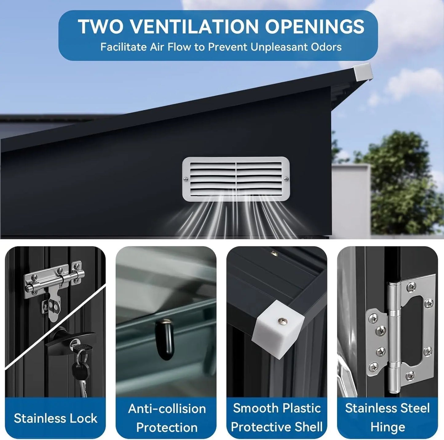 8x4 Triple Door Storage Shed - Weatherproof Black Galvanized Steel