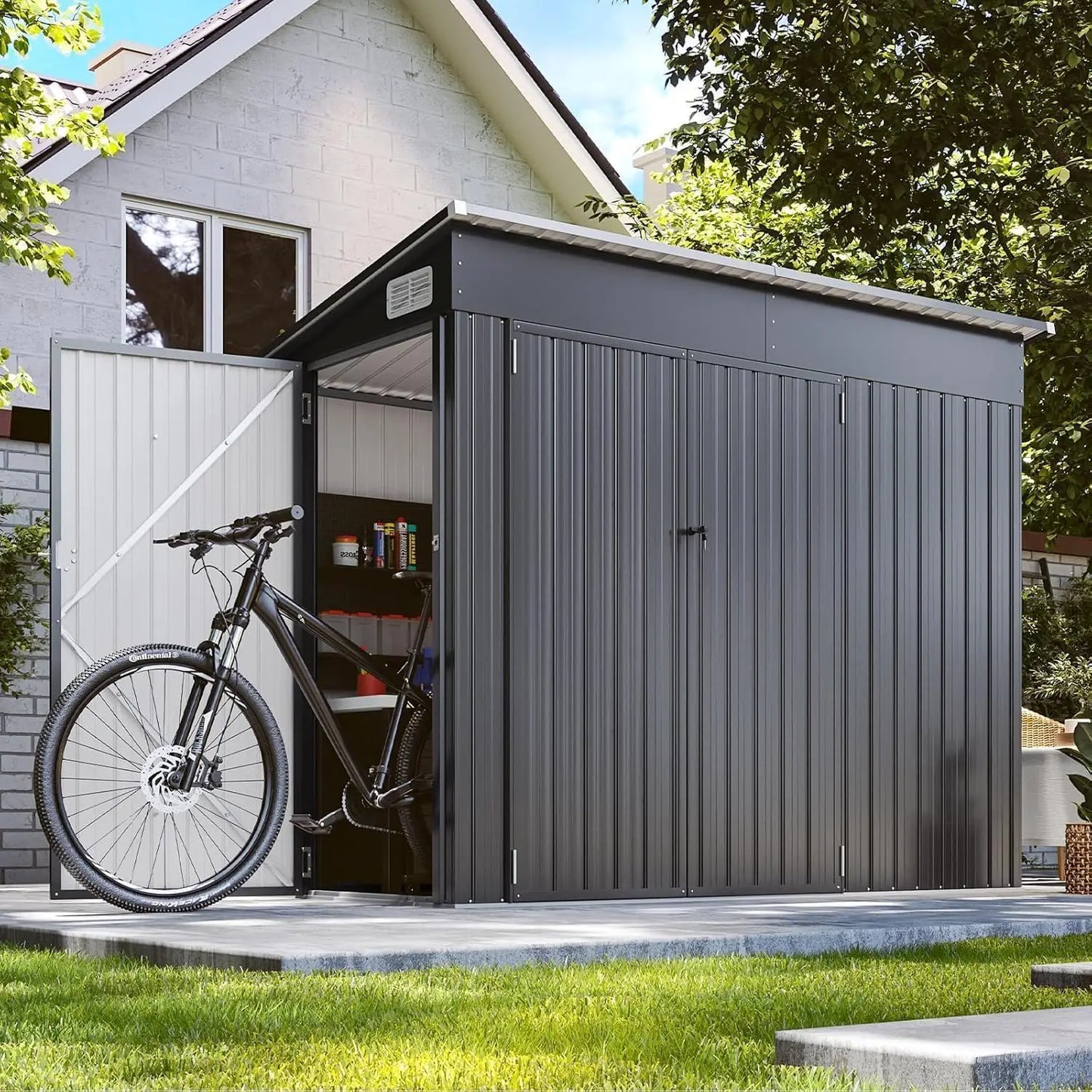 8x4 Triple Door Storage Shed - Weatherproof Black Galvanized Steel